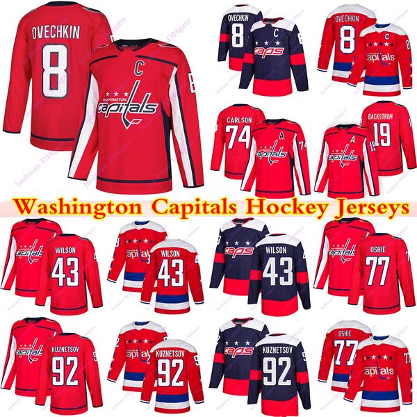 

washington capitals jerseys 8 alex ovechkin 77 tj oshie 43 tom wilson 74 carlson 92 evgeny kuznetsov 19 nicklas backstrom hockey jerseys, Black;red
