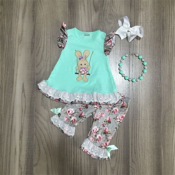 

baby girls easter outfits girls aqua with swinging bunny print floral pant girls cute outfit with accessories y200325, White