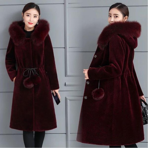 

women's fur & faux long coat winter women artificial jacket plus size thick warm coats hood, Black