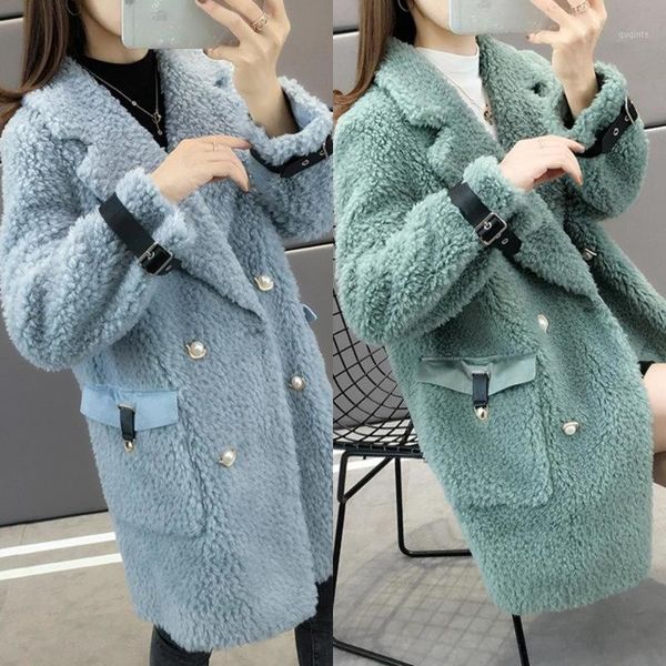 

winterwomen 2021 faux fur coat female loose casual warm artificial granular sheep shearing overcoats fashion outwear r481, Black