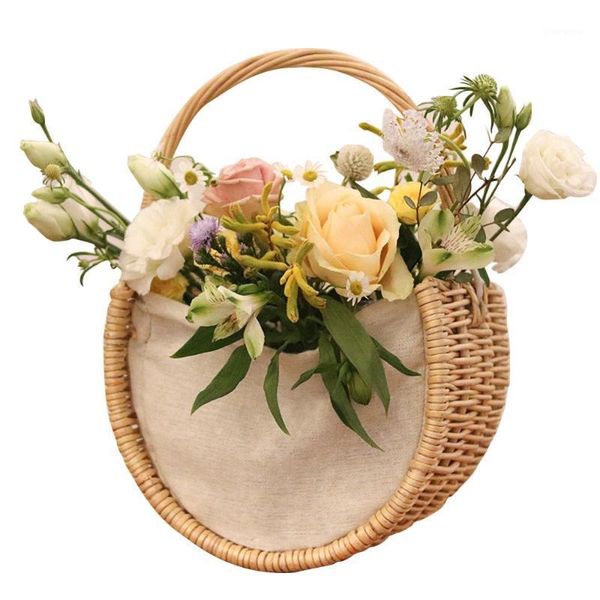 

hand-woven wooden flower basket portable fruit baskets linen wedding flower basket semi-circular storage supplies1