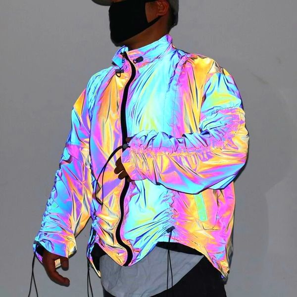 

new streetwear drawstring oversized colorful reflective jacket men ins fashion personality casual washable coat windbreaker, Black;brown