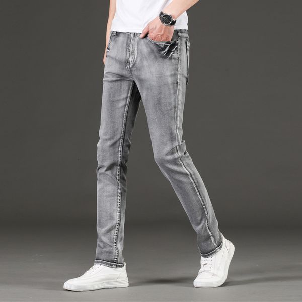 

slim small straight tube smoke fashion grey washed men's jeans, Blue