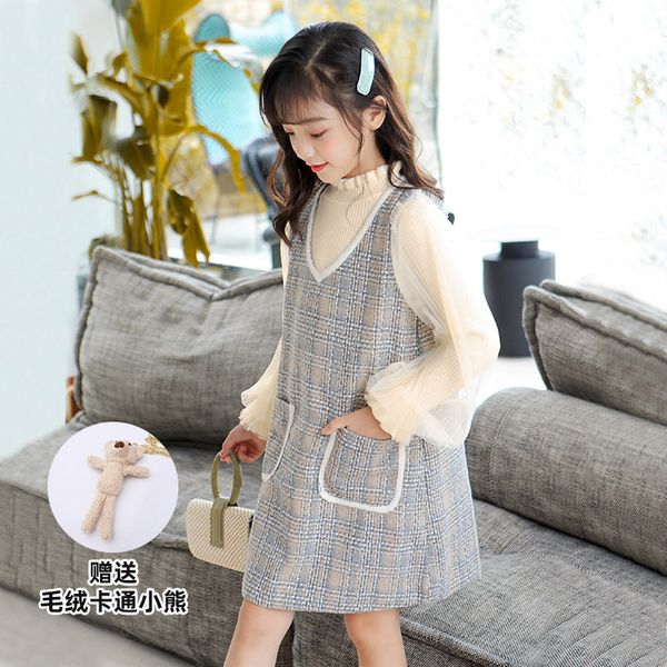 

kids designer clothes girls girl's sweet lady dress medium long temperament suit slim lace stitching half high neck and bottom up shirt, Blue