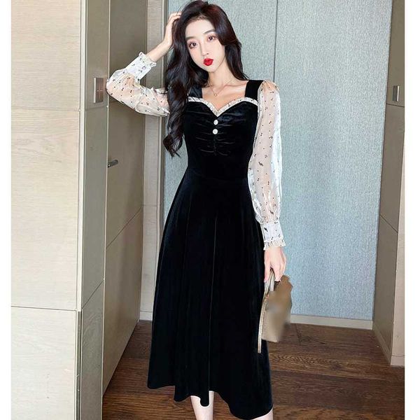 

autumn spring women dress long sleeve simple v neck patchwork female elegant golden velvet slim vintage temperament dress, Black;gray
