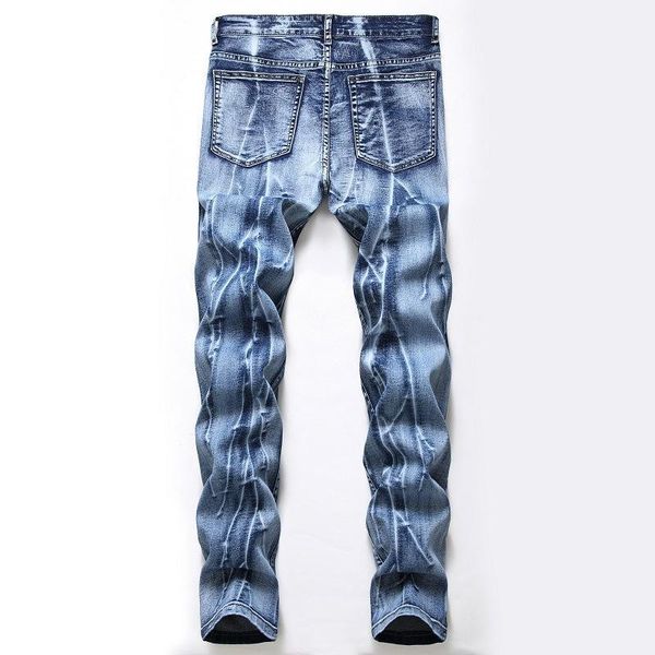 

2020 printed elastic jeans men slim fit bleached vintage fashion full length casual nostalgic denin trousers wild male trousers1, Blue