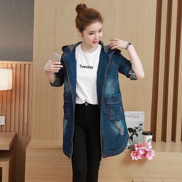 

m-3xl 2017 autumn new fashion vintage ripped oversized jeans jacket coat female hooded long denim jackets for women 8309 y200101, Black;brown