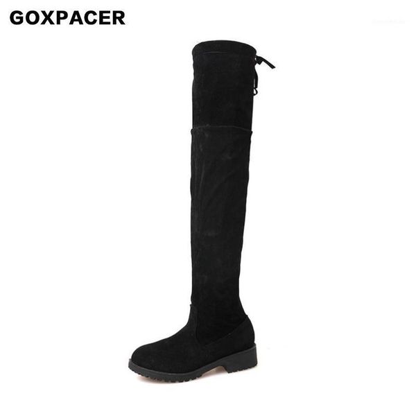 

boots goxpacer 2021 over-knee women shoes jackboots cloth with soft nap high heel casual warm winter all-match1, Black