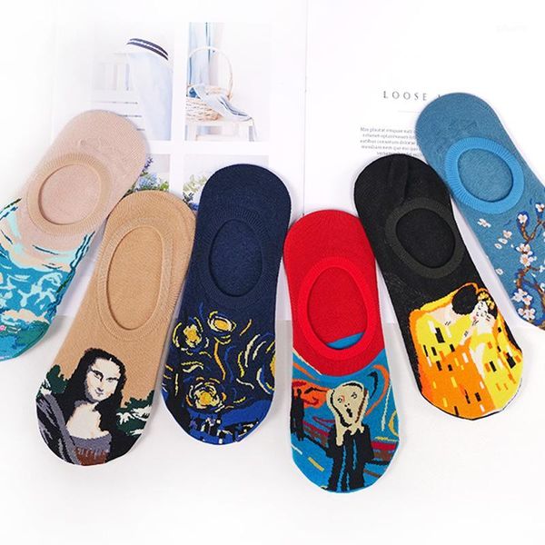 

5pairs/lot funny socks men fashions retro silicone non-slip cotton socks low cut personality art world masterpiece street wear1, Black