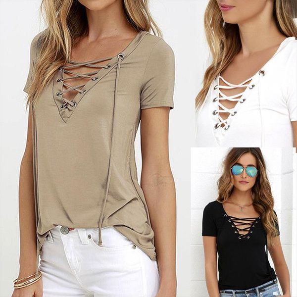 

пустая футболка front cross bandage топы женщины круженные причины короткие рукавы v шея футболка femme топ футболка tee t, White