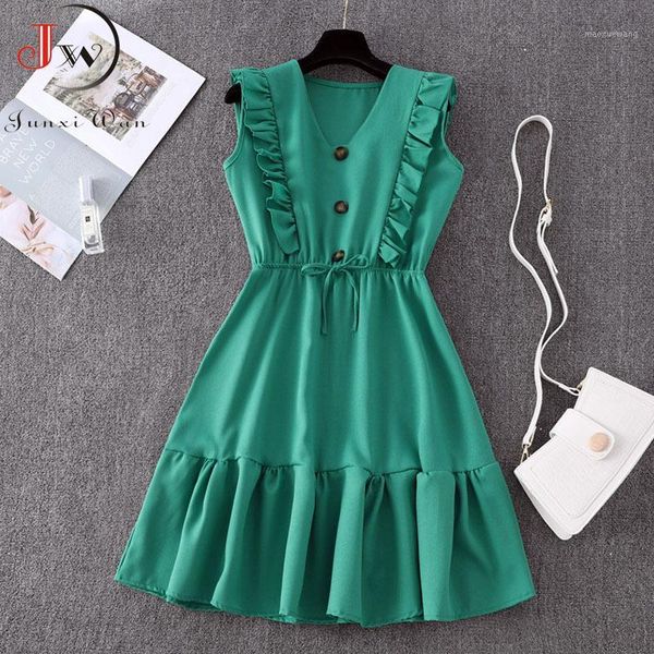 

2020 women summer dress fashion solid v neck ruffles sleeve elegant party dresses vintage beach sundress streetwear outfits1, Black;gray