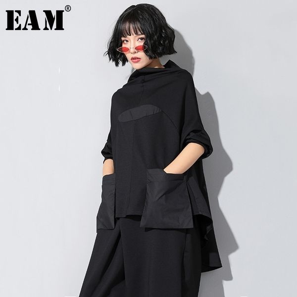 

[eam] new spring autumn high collar long sleeve black loose pocket stitch irregular hem big size t-shirt women fashion jq018 201029, White
