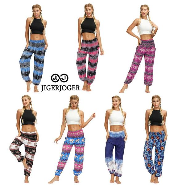 

jigerjoger 2021 pants for women new elephant print national style pants elastic high waist wide leg casual trousers, White;red