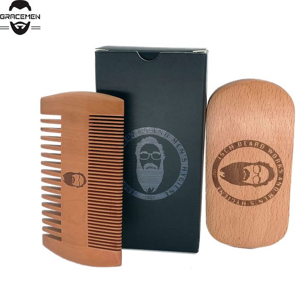 

moq 100 sets custom logo beard grooming kit brush and double sides peach wood comb with black gift box, Silver