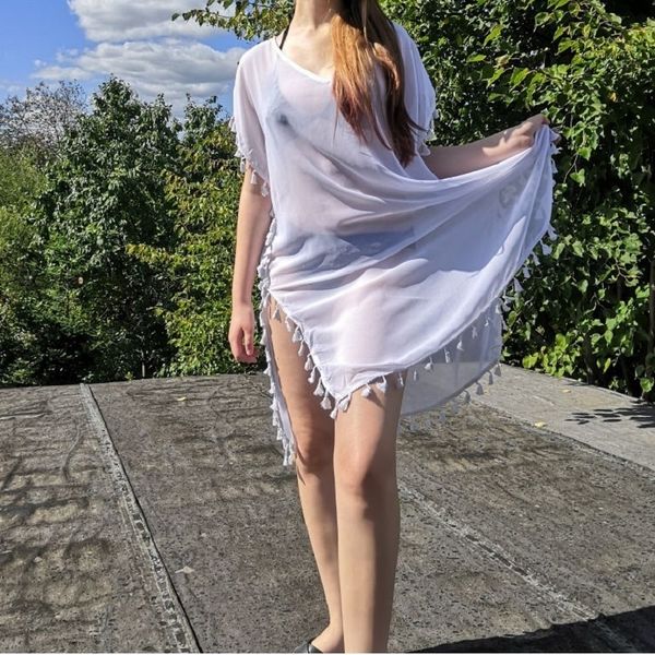 

beach cover up with tassel print chiffon swimwear women beach pareo robe de plage swimsuit saida de praia beachwear t200324, White;black