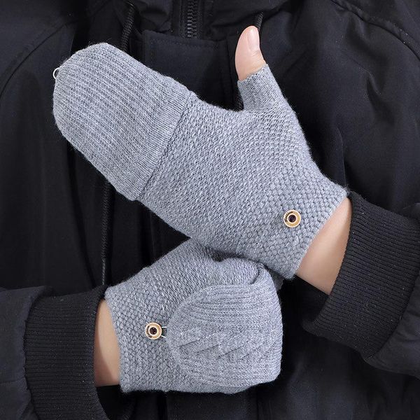 

five fingers gloves men' winter wool knit jacquard fingerless flap touch screen driving glove sports cycling elastic thicken warm mi, Blue;gray