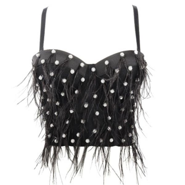 

summer women crop 2020 short cami corset feather tassel diamond lingerie nightclub ropa de mujer goth, Black;white