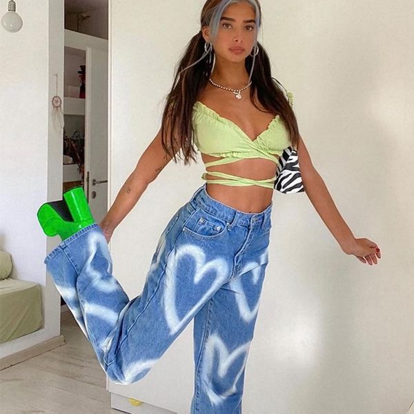 

2020 new women straight leg jeans printed streetwear denim boyfriends baggy pants xxl jeans hip slim woman mom jean fashion, Blue