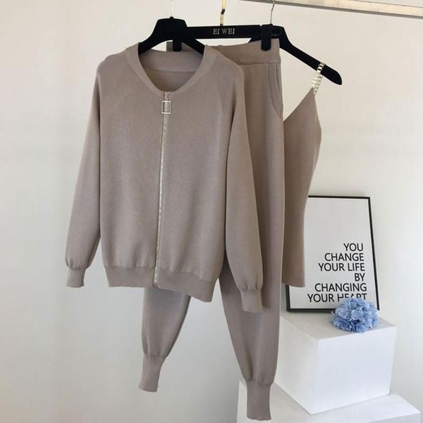 

women's tracksuits women 2 piece set zipper knitted cardigans sweater+pants+vest woman fashion jumpers trousers pcs outfit female knitw, Gray