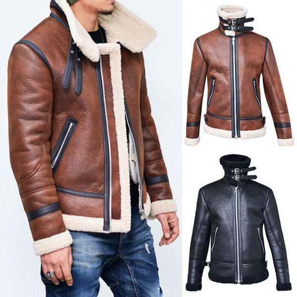 

2020 winter men's sheepskin jacket men's fur coat jacket slim faux leather motorcycle pu fur jacket long-sleeve outerwear coats, Black