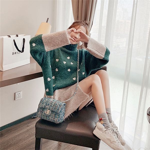 

2021 new love embroidered women's clothes polyester office lady autumn and winter turtleneck high sweater lazy wind qjci, White;black