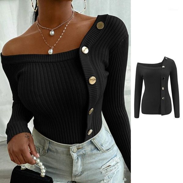 

women long sleeve off shoulder sweater button decor contrast color knitwear e56b1, White;black