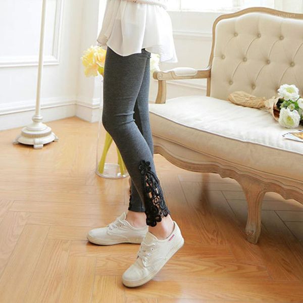 

miofar new women side lace fashion hallow out floral lace lady navy blue black gray leggings silm ladies all-match leggings1