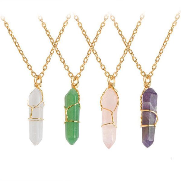 

natural healing hexagon stone shape point pendants chakra necklaces with gold chain for women jewelrybd3i