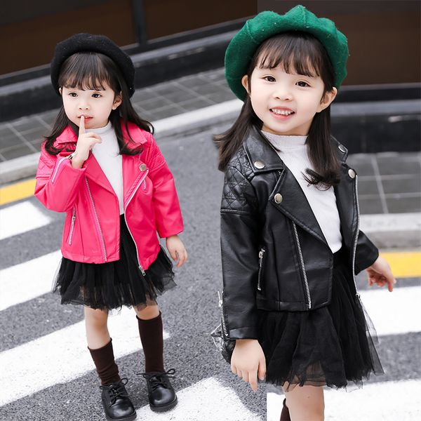 

girls pu jacket spring autumn children's motorcycle leather 1-7 years old fashion color diamond quilted zipper boys coat cool lj201126, Blue;gray