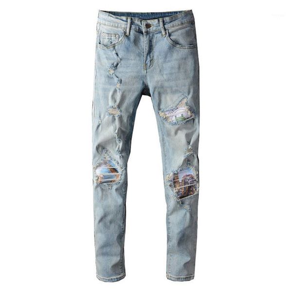 

men's printed patch light blue biker jeans streetwear slim skinny patchwork holes ripped stretch denim pants