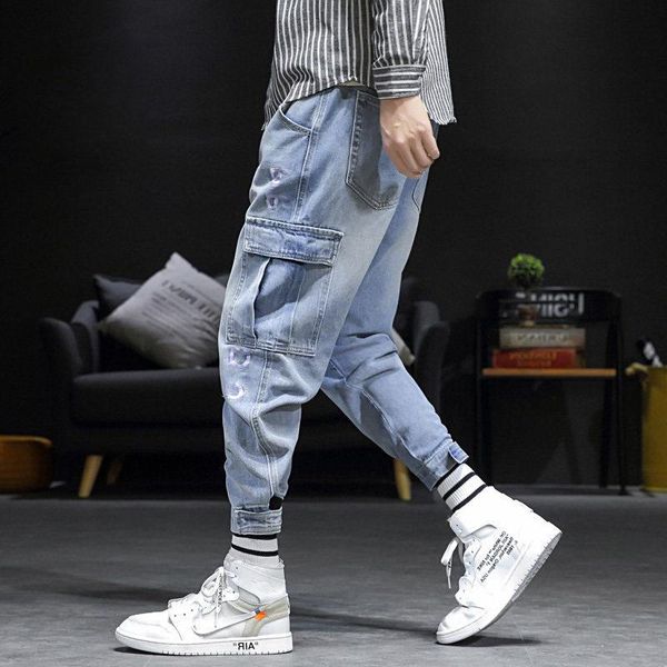

men's jeans spring autumn 2021 teenagers embroidery cowboy japanese casual trousers fashion trend loose harem men, Blue