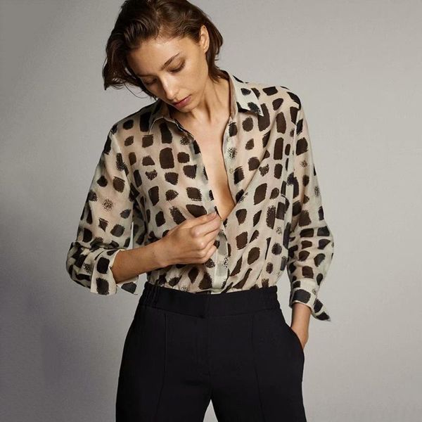 

women's blouses & shirts md deep v-neck blouse women fashion print long sleeve ladies vintage loose turn-down collar ropa mujer, White