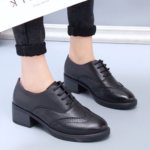 

style england women's office wear bullock sculpture brogue leather shoes thick mujer heels 7i07, Black