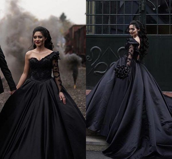 

black ball gown wedding dresses 2021 gothic country one shoulder long sleeve satin bridal gowns ruffles lace long vestidos de novia al8025, White