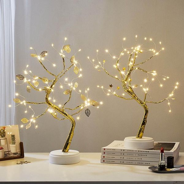 

party decoration led table lamp golden leaves style tree light battery+usb dual-use type powered bedroom living room lights