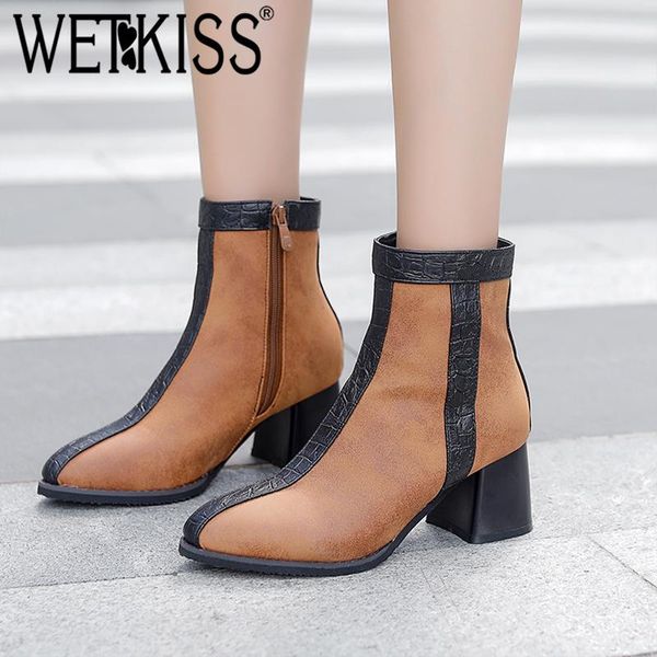 

wetkiss new stripe women ankle boots pointed toe platform shoes zip thick heel shoes fashion party female bootie non slip boots, Black
