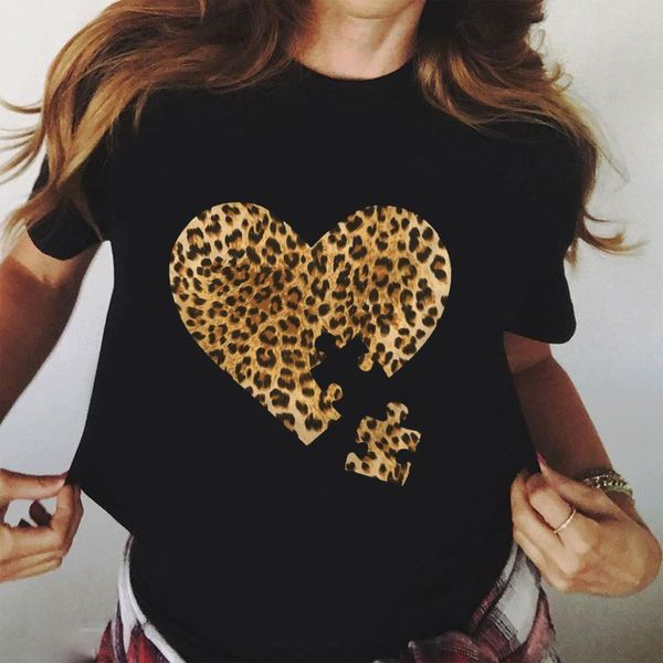 

leopardo print camiseta love heart t-shirt women summer leopard graphic plus size slim tee korean girls t shirt mujer, White
