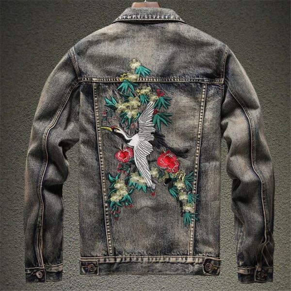 

new men's crane embroidery long sleeve denim jacket vintage gray blue slim embroidered coat outerwear 201114, Black;brown