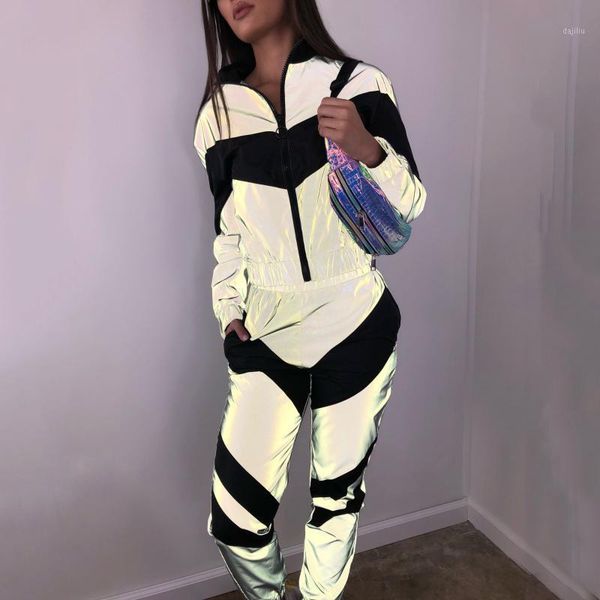 

women tracksuit reflective women set zip crop pants windbreaker fashion female loose glow jacket coat trousers plus size1, White;black