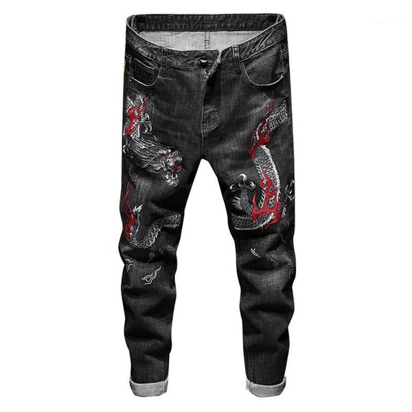 

men's chinese dragon embroidery denim jeans trendy slim straight stretch pants black blue1, Blue