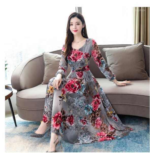 

long sleeve printed chiffon dress o neck casual dress women clothing fashion slim plus size dresses long sleeve1, Black;gray