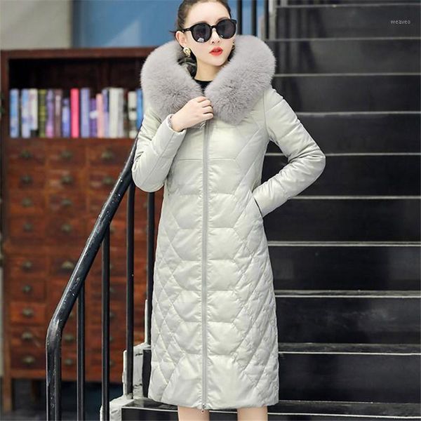 

2019 winter plus size 5xl women fashion slim long real fur collar genuine leather down jacket female maxi coat jaquetas r2541, Black