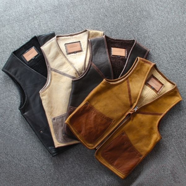 

men sheepskin genuine leather vest wool lined thick warm real leather casual sleeveless jackets russia winter waistcoat zipper 201120, Black;white