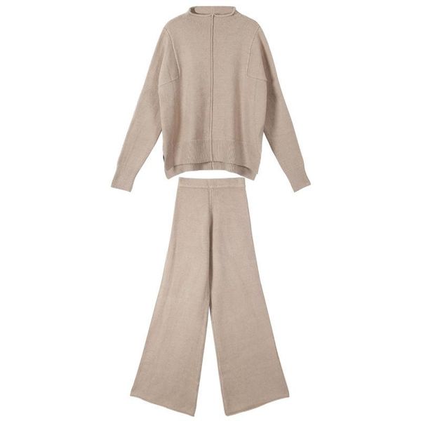 

women's tracksuits 2021 winter knitted turtleneck pullover sweater + knit wide leg pants 2pcs fashion suit women clothes set, Gray