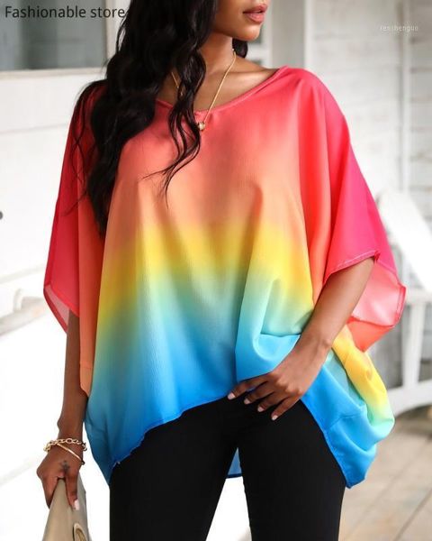 

large size gradient color batwing sleeve loose blouse women round neck rainbow color casual, White