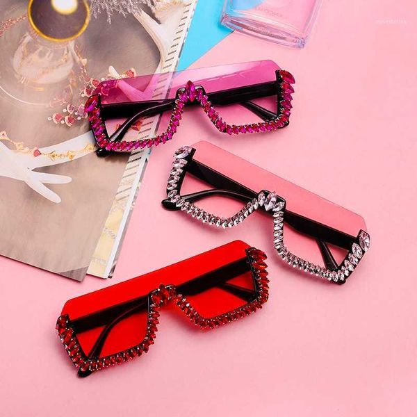 

semi-rimles rhinestone sunglasses women 2020 crystal square sunglasses diamond oversized gradient eyewear ladies1, White;black