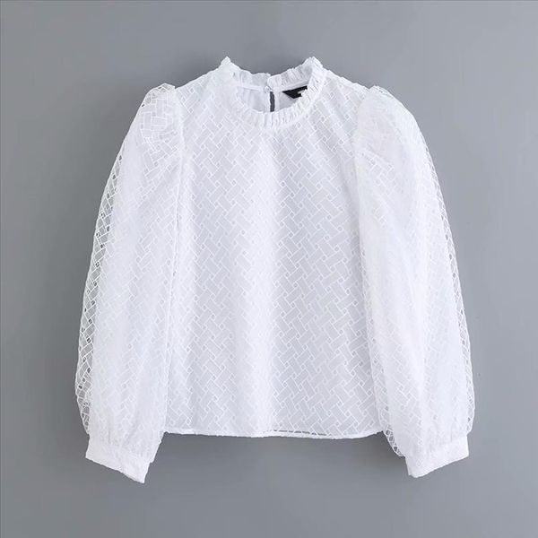 

женщины мода стенд воротник слудкой рукав полупрозрачный белая рубашка офис леди агарические кружева блузки шикарные осенние феминины топы l, White