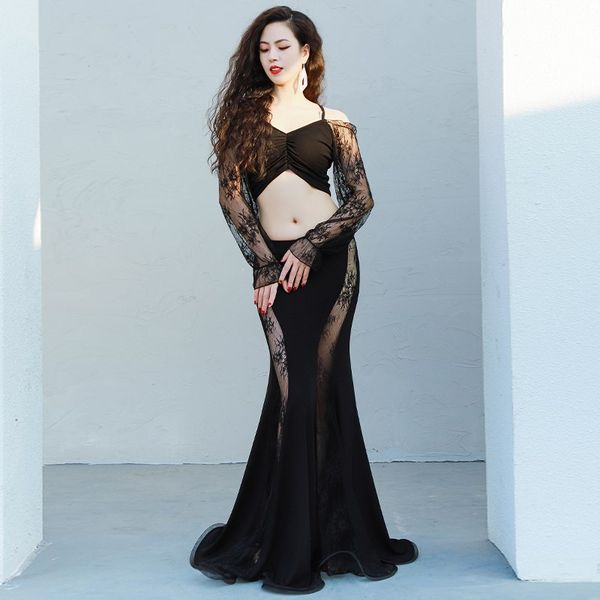 

new luxury belly dance costume 2 piece lace shirt long sleeve fishtail skirt set professional clothes for women stage show wear, Black;red