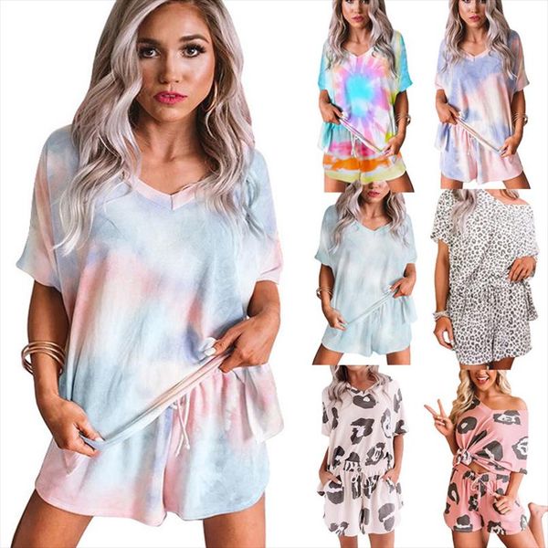 

women gradient pajamas sets summer v neck short sleeve loose high waist drawstring shorts casual home two piece ladies suits, Gray