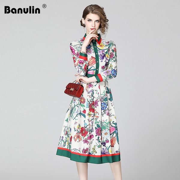Banulin Frühling Sommer Fashion Runway Hemdkleid Damen Langarm Casual Blumenstreifen Druck Plissee Midi Elegantes Kleid 201204